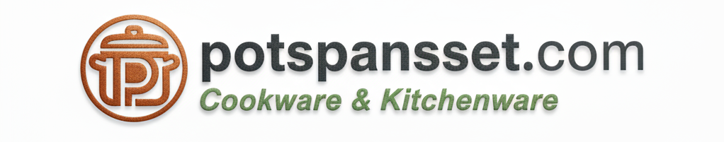 Professional horizontal logo for Potspansset.com featuring a circular copper-textured badge with bright cyan "PPS" initials inside a pot silhouette, followed by the brand name and "Cookware & Kitchenware" tagline.