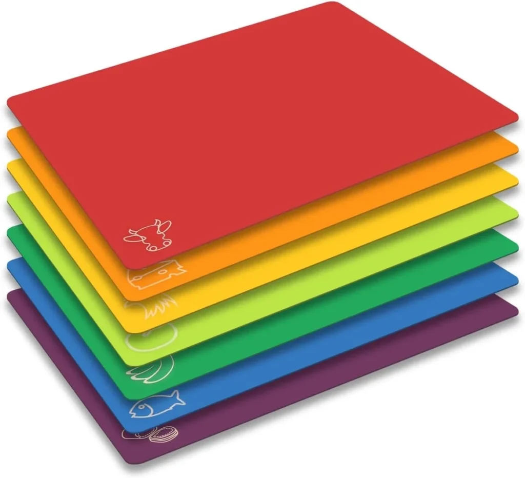 Rainbow Cutting Board Mats - 7 Piece Set, BPA-Free Non-Porous Flexible Plastic with Food Icons, Anti