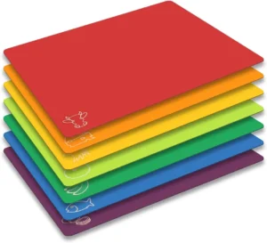 Rainbow Cutting Board Mats - 7 Piece Set, BPA-Free Non-Porous Flexible Plastic with Food Icons, Anti
