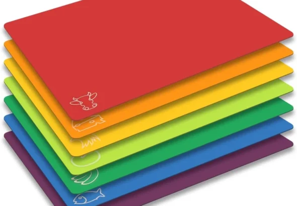 Rainbow Cutting Board Mats - 7 Piece Set, BPA-Free Non-Porous Flexible Plastic with Food Icons, Anti