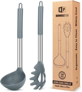 BUNDLEPRO 2-Pack Silicone Pasta Fork & Ladle Spoon Set, Gray - Large Non