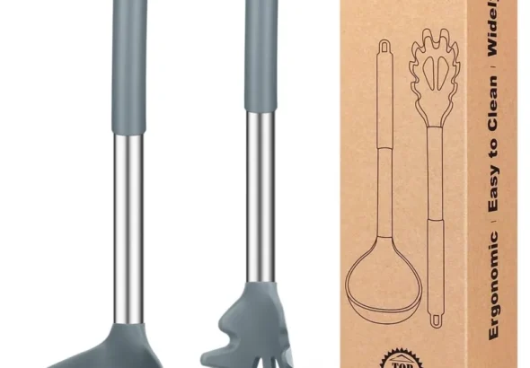 BUNDLEPRO 2-Pack Silicone Pasta Fork & Ladle Spoon Set, Gray - Large Non
