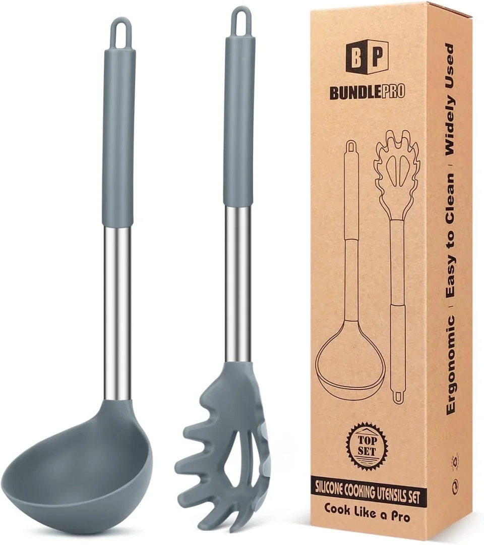 BUNDLEPRO 2-Pack Silicone Pasta Fork & Ladle Spoon Set, Gray - Large Non