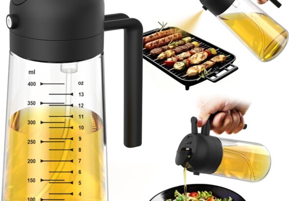 TrendPlain 16oz/470ml Glass Olive Oil Sprayer for Cooking  2 in 1 Olive Oil Dispenser Bottle for Kitchen Gadgets and Air Fryer Accessories, Salad, BBQ - Black