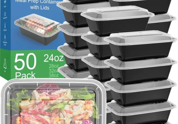 Dealusy 24 oz Meal Prep Containers with Lids, 50 Sets (100 Pieces) - Reusable, Leakproof, Food Safe, Microwave Freezer & Dishwasher Safe Plastic To