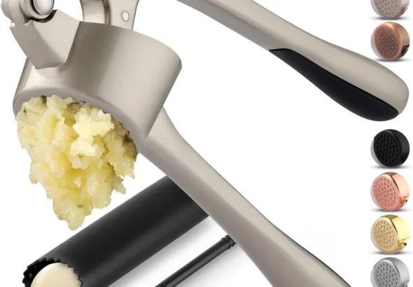 Zulay Kitchen Premium Garlic Press Set - Extra Large Bowl for Large Garlic Cloves - Rust-Proof Garlic Mincer - Easy-Squeeze, Easy