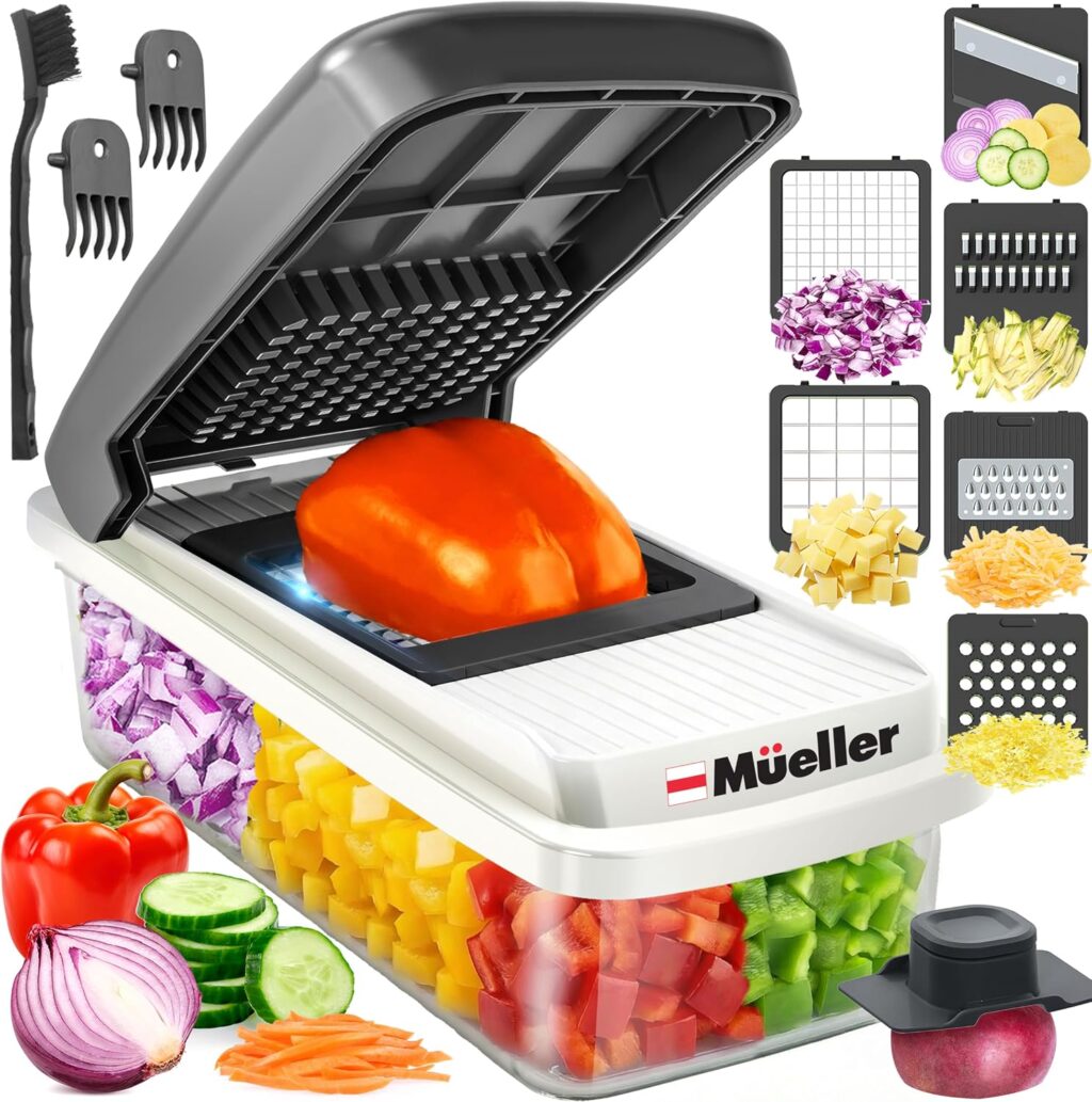 Mueller Mandoline Slicer & Vegetable Chopper, Cheese Grater, Onion Cutter with Container, Dicer, Kitchen Gadgets Essentials, White Sand/Grey