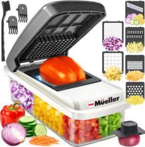 Mueller Mandoline Slicer & Vegetable Chopper, Cheese Grater, Onion Cutter with Container, Dicer, Kitchen Gadgets Essentials, White Sand/Grey