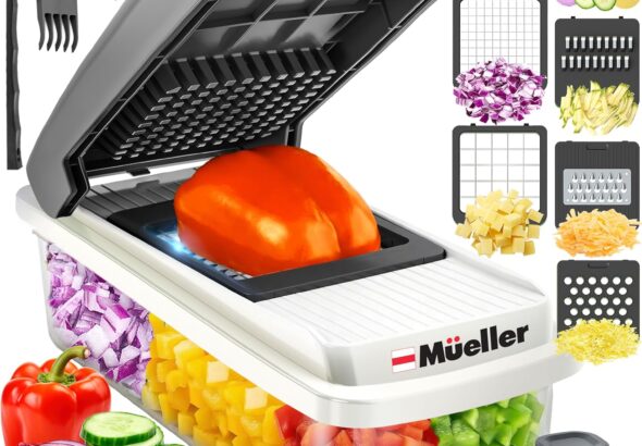 Mueller Mandoline Slicer & Vegetable Chopper, Cheese Grater, Onion Cutter with Container, Dicer, Kitchen Gadgets Essentials, White Sand/Grey