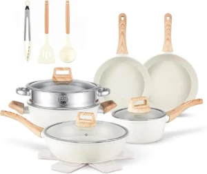 16PCS Pots and Pans Set Non Stick Cookware JueGo De Ollas Para Cocina | Beautiful Great Value Food Cooks Evenly Cleans Easily With Frying Pan
16