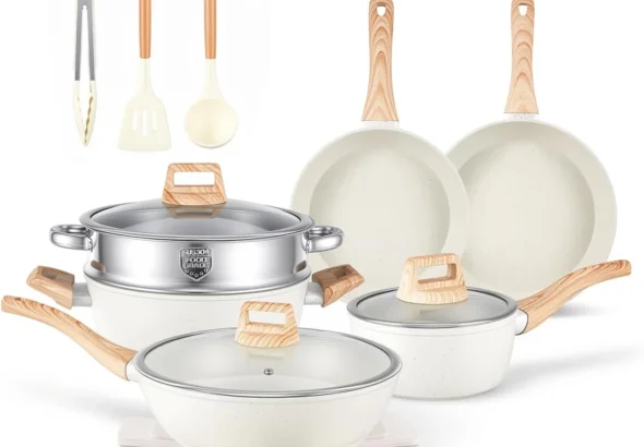 16PCS Pots and Pans Set Non Stick Cookware JueGo De Ollas Para Cocina | Beautiful Great Value Food Cooks Evenly Cleans Easily With Frying Pan
16