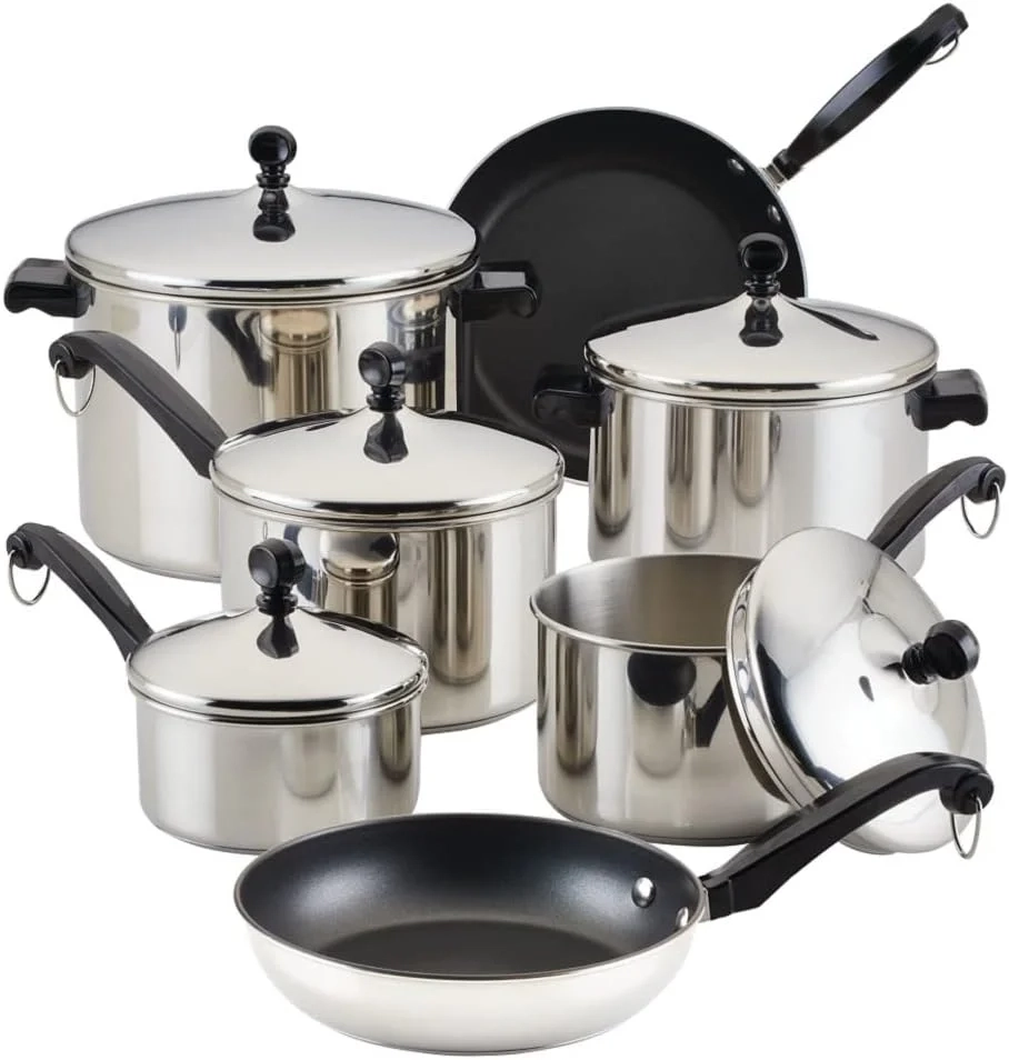 Farberware Classic Series Stainless Steel Pots and Pans Set, 15-Piece | Nonstick cookware, even heating, cooking pot set, induction compatible, dishwasher safe, oven safe
Farberware Classic Series 15