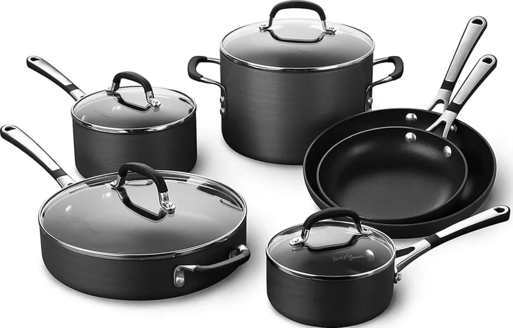Calphalon 10-Piece Non-Stick Kitchen Cookware Set Black Pots & Pans with Stay-Cool Stainless Steel Handles Hard-Anodized Aluminum for Even Heating
Calphalon 10-Piece Nonstick Cookware Set, Hard-Anodized Aluminum, Black Pots & Pans with Stay