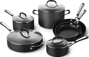 Calphalon 10-Piece Non-Stick Kitchen Cookware Set Black Pots & Pans with Stay-Cool Stainless Steel Handles Hard-Anodized Aluminum for Even Heating
Calphalon 10-Piece Nonstick Cookware Set, Hard-Anodized Aluminum, Black Pots & Pans with Stay