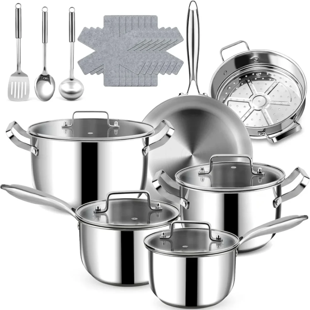 Stainless Steel Cookware Set - 20 PCS Pots and Pans Set with 3-Ply Stainless Steel Frying Pan, Professional Kitchen Cooking Set, Induction Compatible, Oven & Dishwasher Safe
20-Piece Stainless Steel Cookware Set with 3