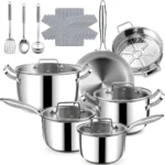 Stainless Steel Cookware Set - 20 PCS Pots and Pans Set with 3-Ply Stainless Steel Frying Pan, Professional Kitchen Cooking Set, Induction Compatible, Oven & Dishwasher Safe
20-Piece Stainless Steel Cookware Set with 3