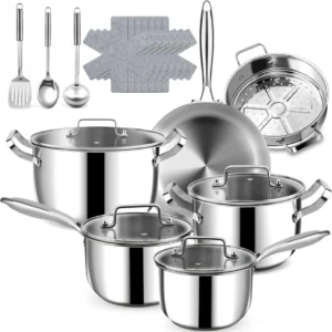 Stainless Steel Cookware Set - 20 PCS Pots and Pans Set with 3-Ply Stainless Steel Frying Pan, Professional Kitchen Cooking Set, Induction Compatible, Oven & Dishwasher Safe
20-Piece Stainless Steel Cookware Set with 3