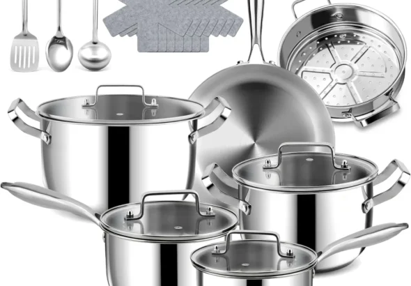 Stainless Steel Cookware Set - 20 PCS Pots and Pans Set with 3-Ply Stainless Steel Frying Pan, Professional Kitchen Cooking Set, Induction Compatible, Oven & Dishwasher Safe
20-Piece Stainless Steel Cookware Set with 3