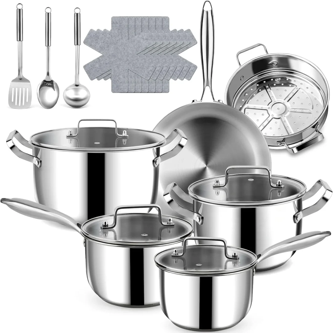 Stainless Steel Cookware Set - 20 PCS Pots and Pans Set with 3-Ply Stainless Steel Frying Pan, Professional Kitchen Cooking Set, Induction Compatible, Oven & Dishwasher Safe
20-Piece Stainless Steel Cookware Set with 3