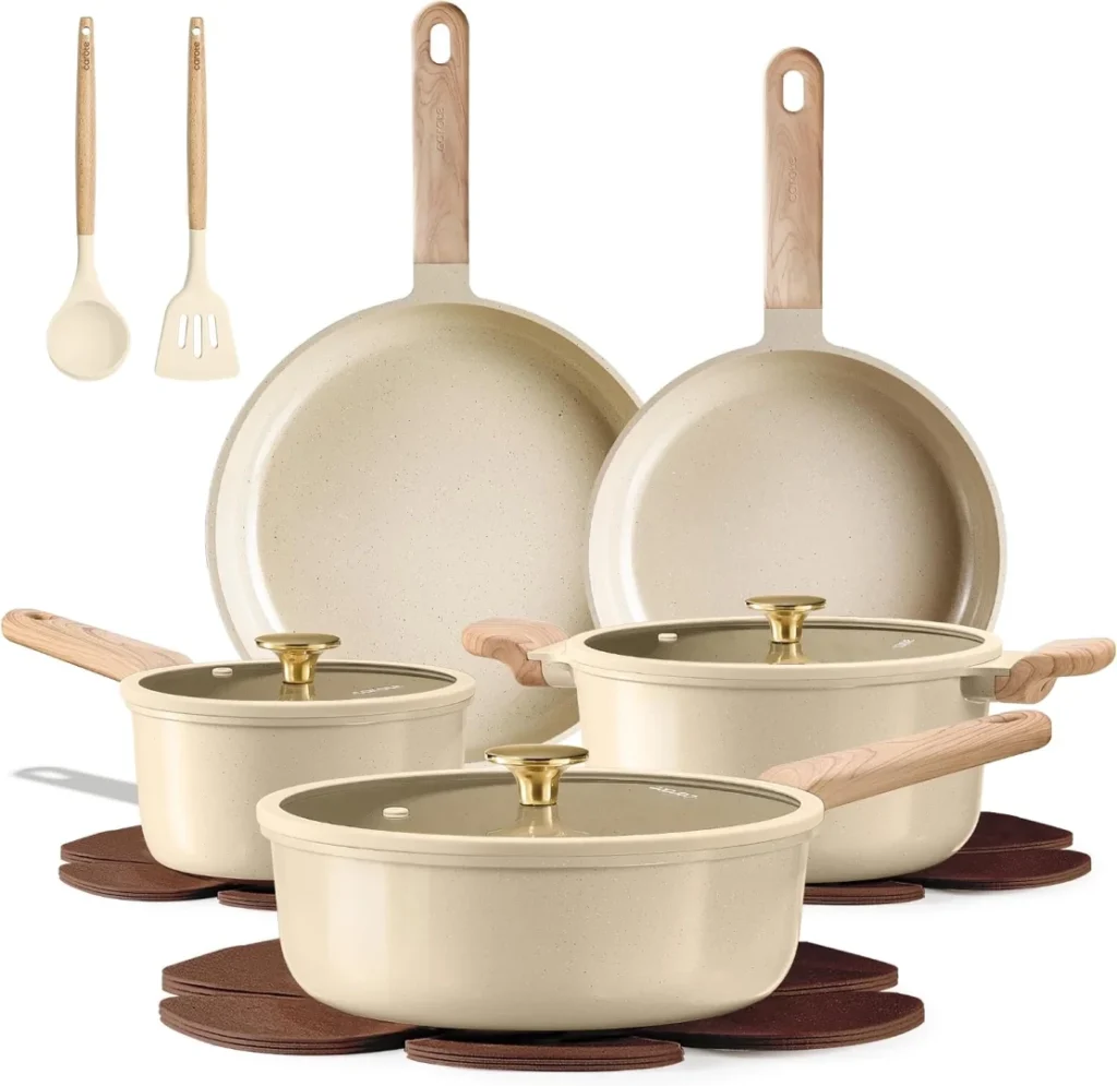 CAROTE Pots and Pans Set, Ceramic Cookware Set, 14pcs | Healthy Induction Kitchen Set, with Silicone Lids, Easy Clean, Even Heating, Space Saving, PFAS FREE
CAROTE 14-Piece Ceramic Cookware Set, PFAS-Free Induction Pots and Pans with Silicone Lids, Space