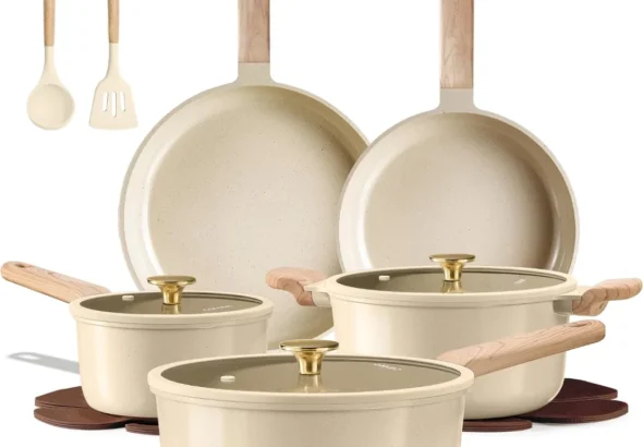 CAROTE Pots and Pans Set, Ceramic Cookware Set, 14pcs | Healthy Induction Kitchen Set, with Silicone Lids, Easy Clean, Even Heating, Space Saving, PFAS FREE
CAROTE 14-Piece Ceramic Cookware Set, PFAS-Free Induction Pots and Pans with Silicone Lids, Space