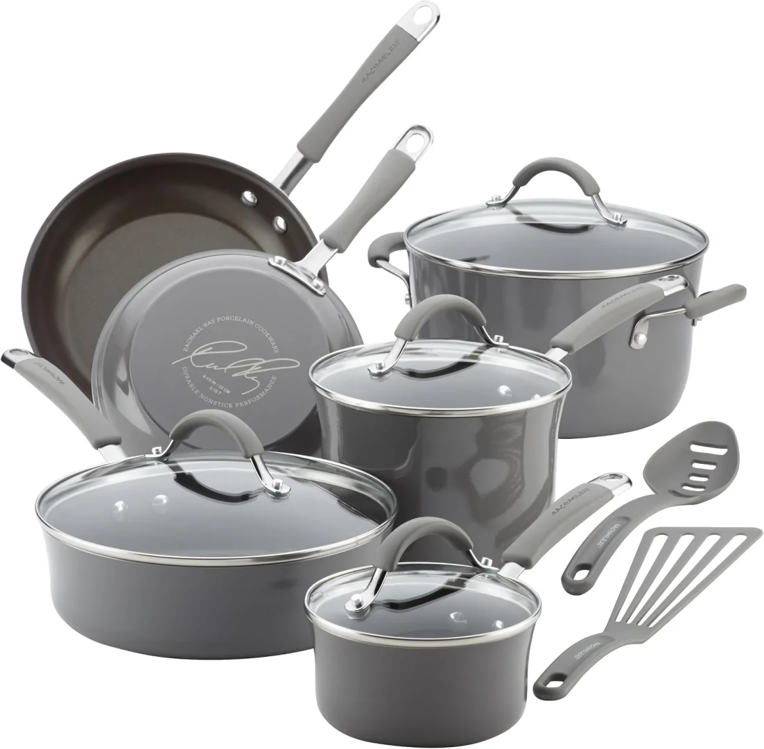 Rachael Ray Cucina Nonstick Cookware, Sea Salt Gray Pots and Pans Set, 12-Piece
Rachael Ray Cucina 12