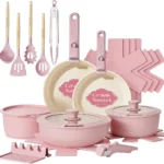 Umite Chef Pots and Pans Set Non Stick, 21 pcs Nonstick Ceramic Cookware Set, RV Kitchen Cooking Set with Detachable Handles, Oven Safe, Induction Cookware, Stackable, Pink, PFAS PFOA & PTFE Free
Umite Chef 21