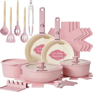 Umite Chef Pots and Pans Set Non Stick, 21 pcs Nonstick Ceramic Cookware Set, RV Kitchen Cooking Set with Detachable Handles, Oven Safe, Induction Cookware, Stackable, Pink, PFAS PFOA & PTFE Free
Umite Chef 21