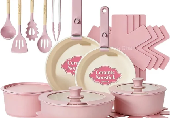 Umite Chef Pots and Pans Set Non Stick, 21 pcs Nonstick Ceramic Cookware Set, RV Kitchen Cooking Set with Detachable Handles, Oven Safe, Induction Cookware, Stackable, Pink, PFAS PFOA & PTFE Free
Umite Chef 21