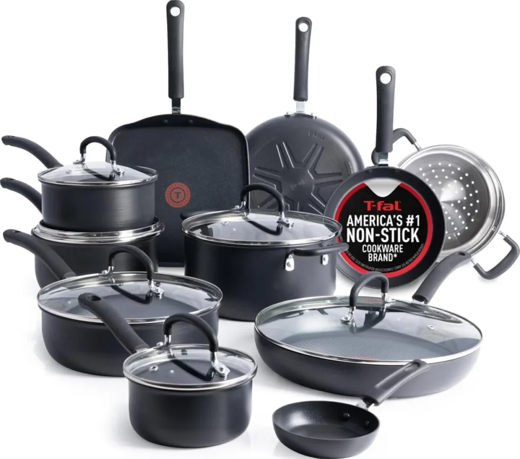 T-Fal Ultimate Hard Anodized Nonstick Pots and Pans Set 17 Piece, Nonstick Cookware Set with Fry Pan, Saucepans, Saute-Pan, Griddle, Dishwasher Safe, Onyx
T-Fal Ultimate Hard Anodized Nonstick Cookware Set, 17