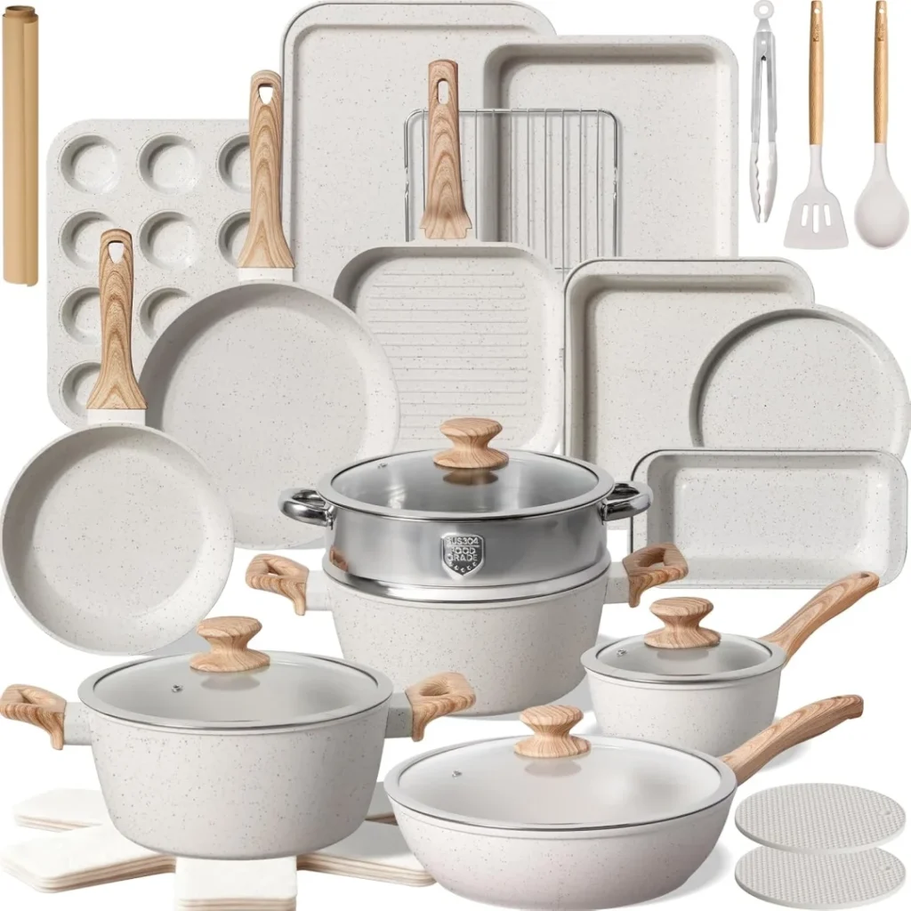 Kikcoin Pots and Pans Set Non Stick 31 Piece Kitchen Nonstick Cooking Cookware Sets with Grill Pan Saucepan Baking Sheet Utensil, Black
Kikcoin 31
