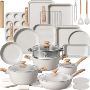Kikcoin Pots and Pans Set Non Stick 31 Piece Kitchen Nonstick Cooking Cookware Sets with Grill Pan Saucepan Baking Sheet Utensil, Black
Kikcoin 31