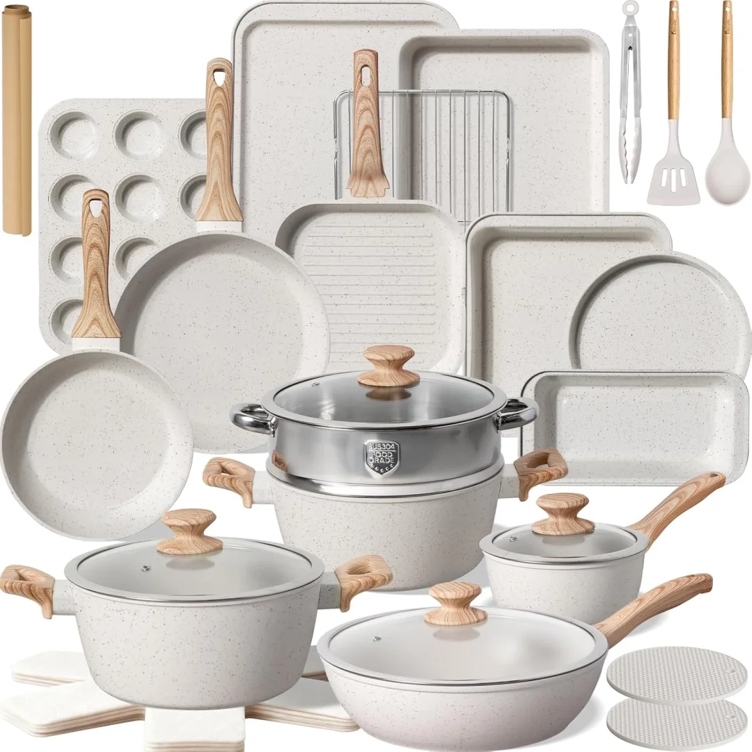 Kikcoin Pots and Pans Set Non Stick 31 Piece Kitchen Nonstick Cooking Cookware Sets with Grill Pan Saucepan Baking Sheet Utensil, Black
Kikcoin 31
