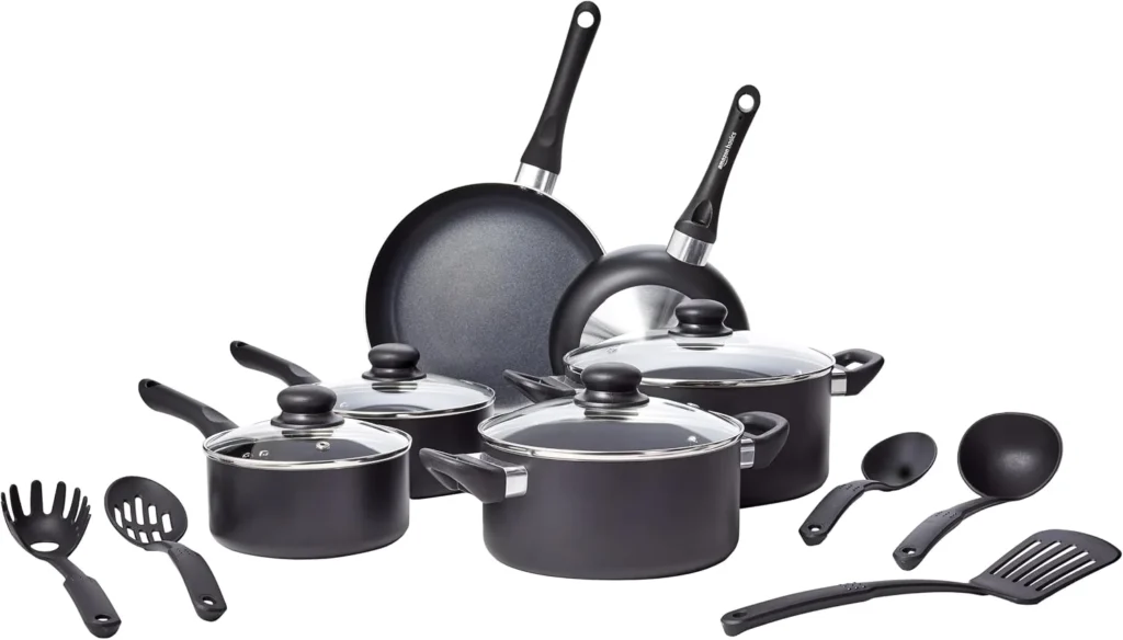 Amazon Basics Non-Stick Kitchen Cookware 15-Piece Set with Stay-Cool Handles, Even Heating, Non-Induction, Includes Pots, Pans, and Utensils, Black
Amazon Basics 15-Piece Non-Stick Kitchen Cookware Set, Stay