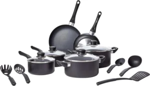 Amazon Basics Non-Stick Kitchen Cookware 15-Piece Set with Stay-Cool Handles, Even Heating, Non-Induction, Includes Pots, Pans, and Utensils, Black
Amazon Basics 15-Piece Non-Stick Kitchen Cookware Set, Stay
