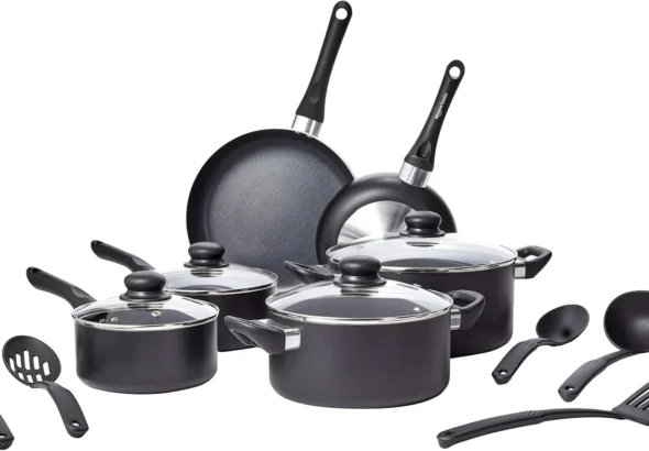 Amazon Basics Non-Stick Kitchen Cookware 15-Piece Set with Stay-Cool Handles, Even Heating, Non-Induction, Includes Pots, Pans, and Utensils, Black
Amazon Basics 15-Piece Non-Stick Kitchen Cookware Set, Stay