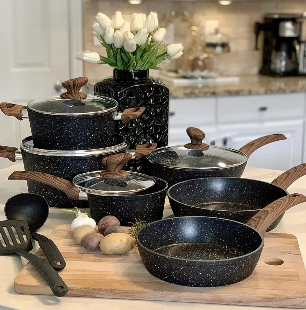 Kitchen Academy Pots and Pans Set Non Stick, 12pcs Induction Cookware | Nonstick Kitchen Cookware Set, Black Granite Cooking Pans, PFOS & PFOA Free, Easy Food Release, Fast & Even Heating
Kitchen Academy 12