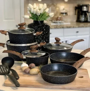 Kitchen Academy Pots and Pans Set Non Stick, 12pcs Induction Cookware | Nonstick Kitchen Cookware Set, Black Granite Cooking Pans, PFOS & PFOA Free, Easy Food Release, Fast & Even Heating
Kitchen Academy 12