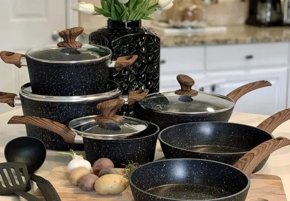 Kitchen Academy Pots and Pans Set Non Stick, 12pcs Induction Cookware | Nonstick Kitchen Cookware Set, Black Granite Cooking Pans, PFOS & PFOA Free, Easy Food Release, Fast & Even Heating
Kitchen Academy 12