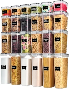 Vtopmart 24 Pack Airtight Food Storage Containers with Lids, BPA Free Plastic Kitchen Pantry Canisters for Cereal, Flour, Sugar, Pasta, Snacks, Multiple Sizes, Dishwasher Safe (Excluding Lids), Includes 24 Labels