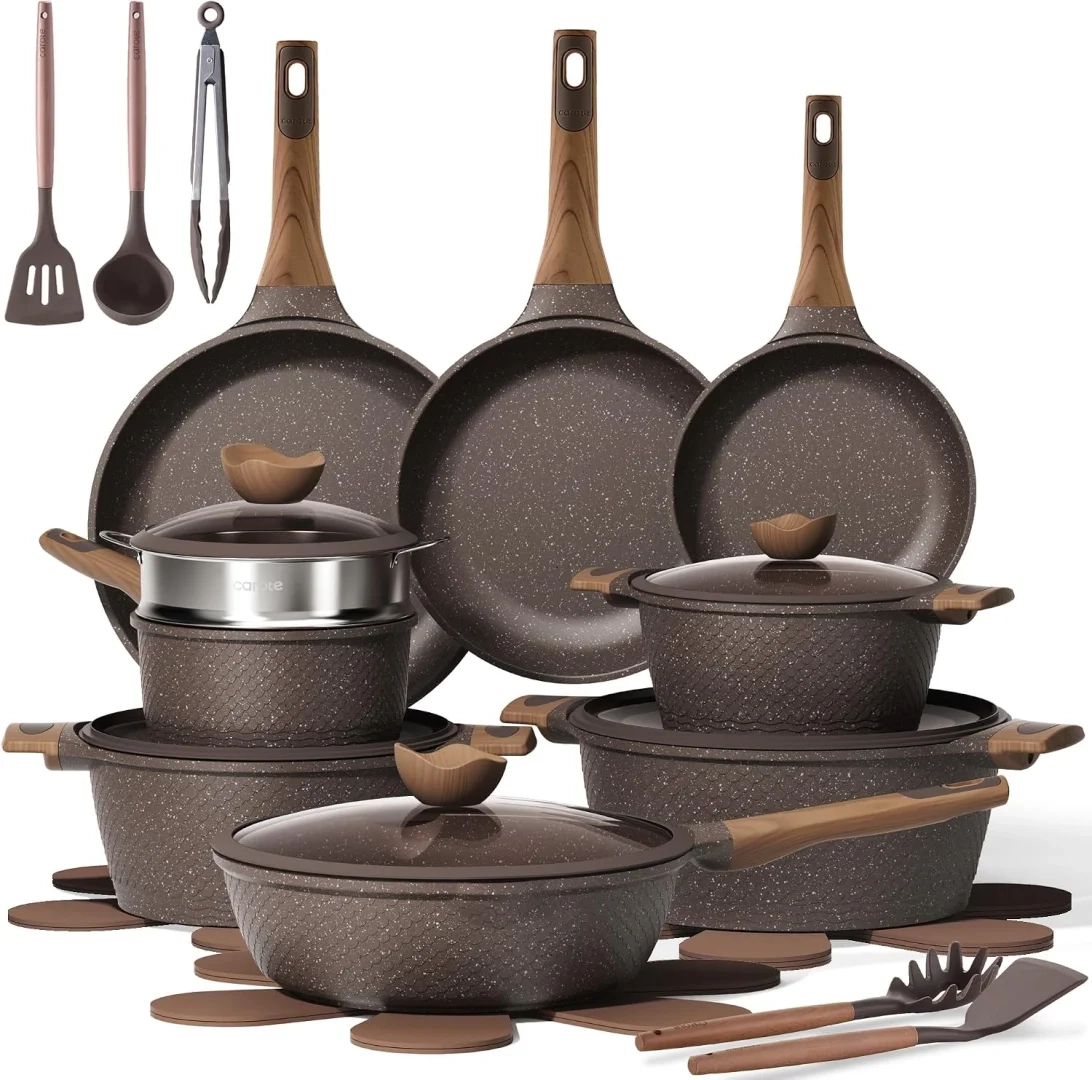CAROTE 26pcs Pots and Pans Set, Nonstick Cookware Sets | Induction Kitchen Cooking Set, Special Texture Design, Ultra Durable, Easy Food Release, Even Heating, with Frying Pans Set
CAROTE 26