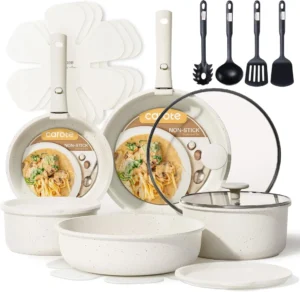 CAROTE 19pcs Pots and Pans Set Non Stick, Detachable Handle Cookware | Kitchen Cooking Sets, Space Saving, Dishwasher & Oven Safe, Non-Toxic, for Camping/RV/Traveling, Cream White
CAROTE 19-Piece Nonstick Cookware Set with Detachable Handles