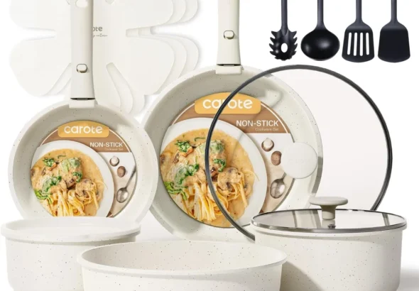CAROTE 19pcs Pots and Pans Set Non Stick, Detachable Handle Cookware | Kitchen Cooking Sets, Space Saving, Dishwasher & Oven Safe, Non-Toxic, for Camping/RV/Traveling, Cream White
CAROTE 19-Piece Nonstick Cookware Set with Detachable Handles