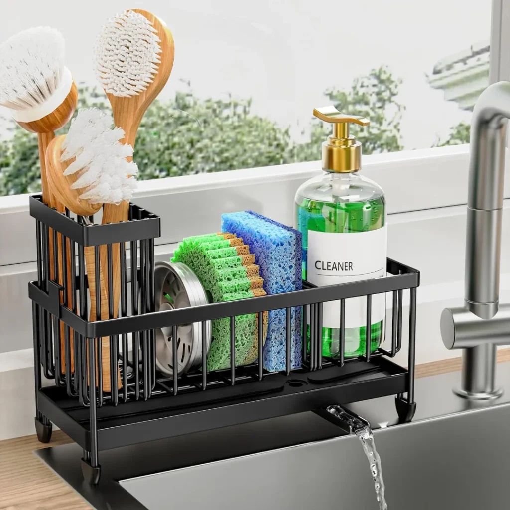Cisily Kitchen Sink Sponge Holder with High Brush Holder, Rustproof 304 Stainless Steel Sink Caddy Organizer, Countertop Storage Essentials, Black 9.25 Inch