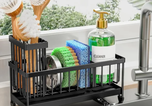 Cisily Kitchen Sink Sponge Holder with High Brush Holder, Rustproof 304 Stainless Steel Sink Caddy Organizer, Countertop Storage Essentials, Black 9.25 Inch