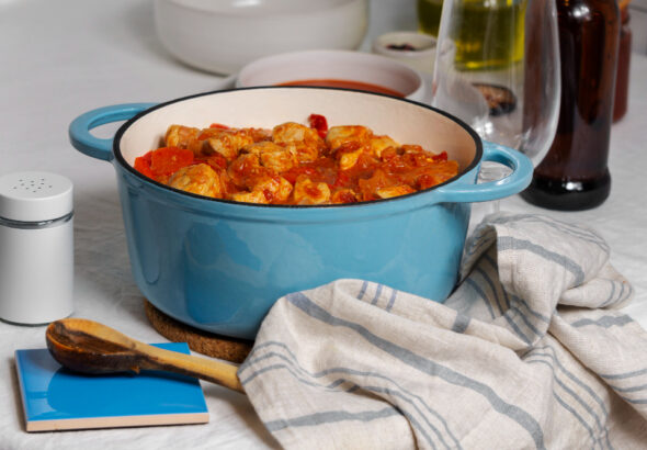 Enameled cast iron Dutch oven on a kitchen stovetop