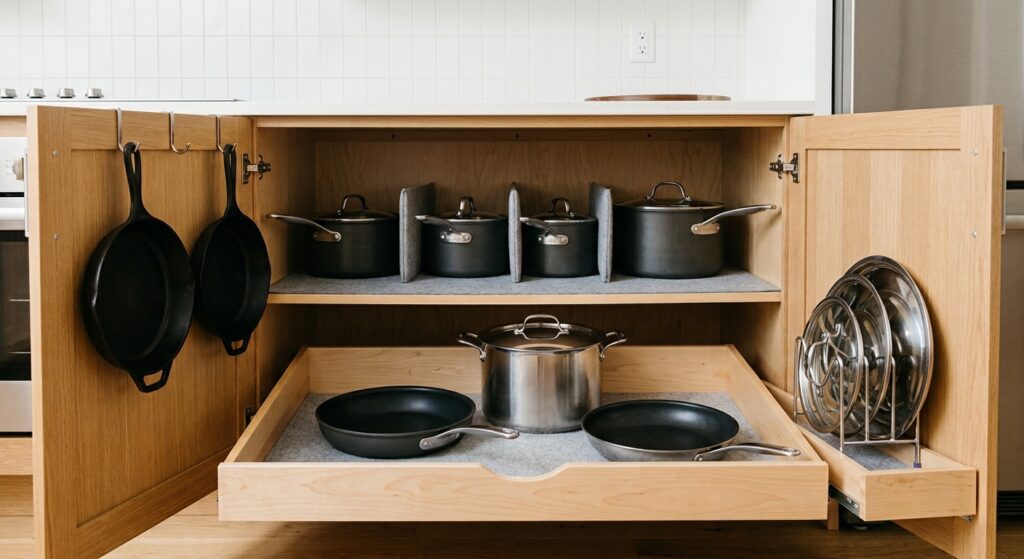 Organized kitchen cabinet with hanging cast iron skillets, dividers for pots, and a pull-out drawer with pans