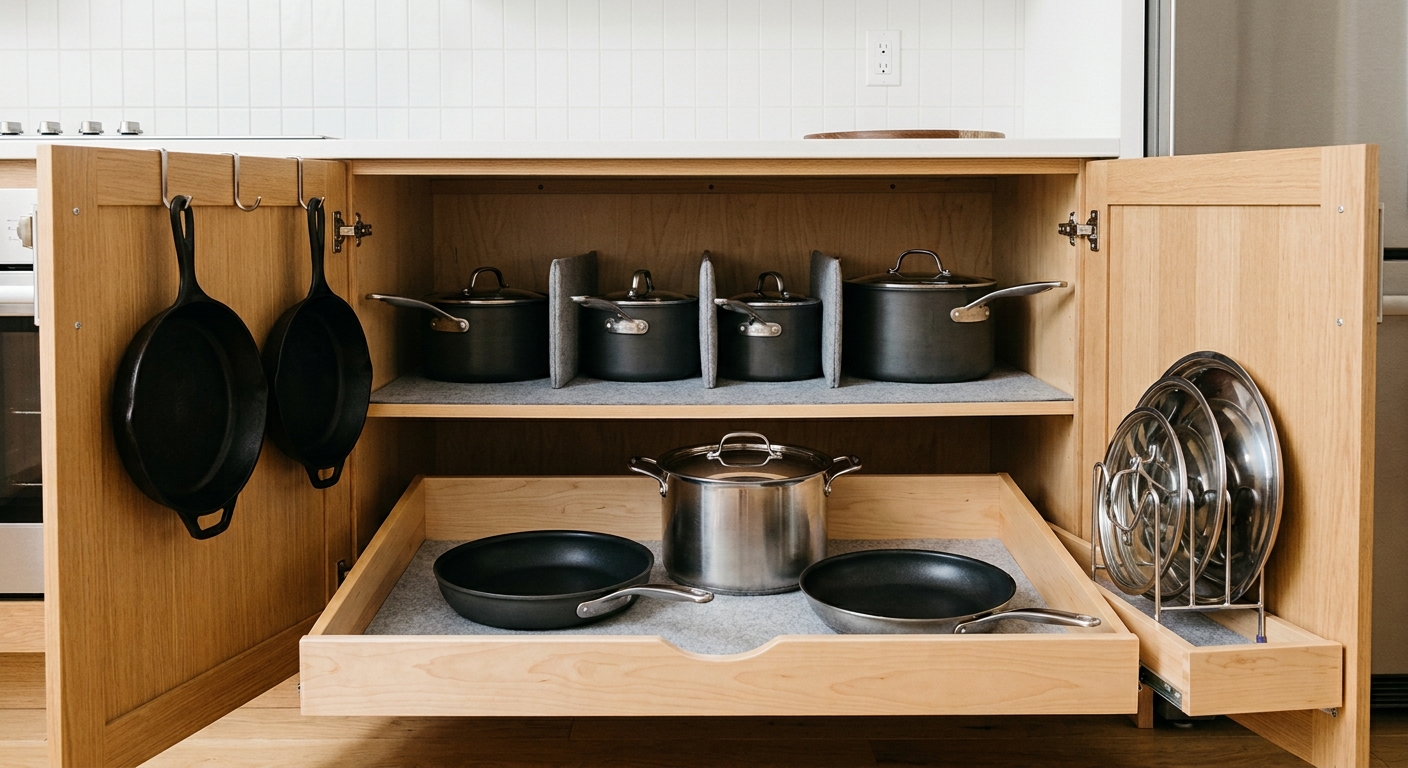 Organized kitchen cabinet with hanging cast iron skillets, dividers for pots, and a pull-out drawer with pans