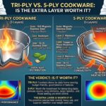 Infographic comparing tri-ply and 5-ply cookware layer construction
