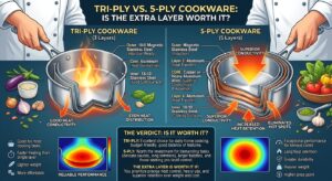 Infographic comparing tri-ply and 5-ply cookware layer construction